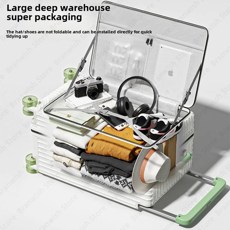 Mala básica com suporte de copo e gancho, mala de viagem com rodas giratórias, carrinho largo portátil, bagagem com abertura frontal