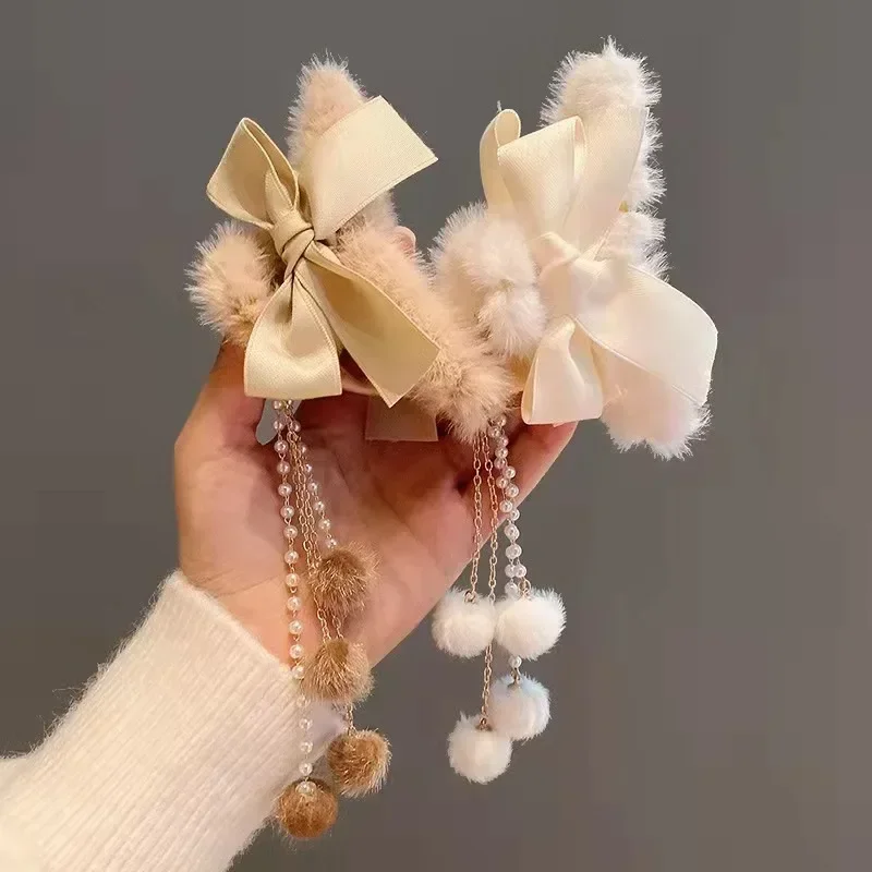 2023 New Plush Bow Tassel Grab Clip Headdress Retro Ponytail Braid Claw Crab Clip Hair Tools Girls Fashion Hair Accessories