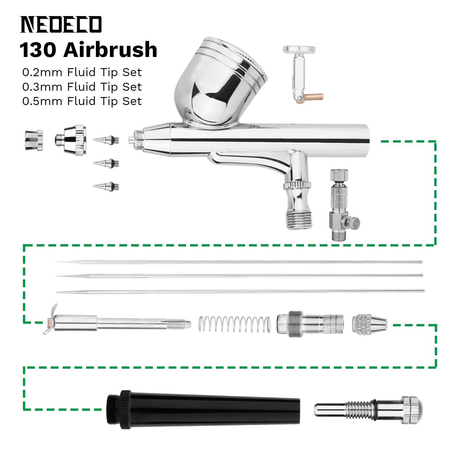 NEOECO 130 Gravity Feed Dual Action Airbrush with 0.2 0.3 0.5mm Nozzle Needle kit Adjustable Quick disconnect Joint Red Black