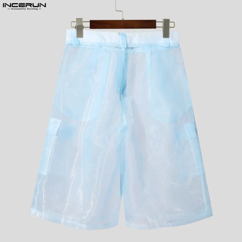 INCERUN Pantaloncini da uomo Mesh See Through Button Pantaloni da uomo oversize Streetwear Allentato Vacanza estiva Moda Pantaloncini maschili sexy S-5XL