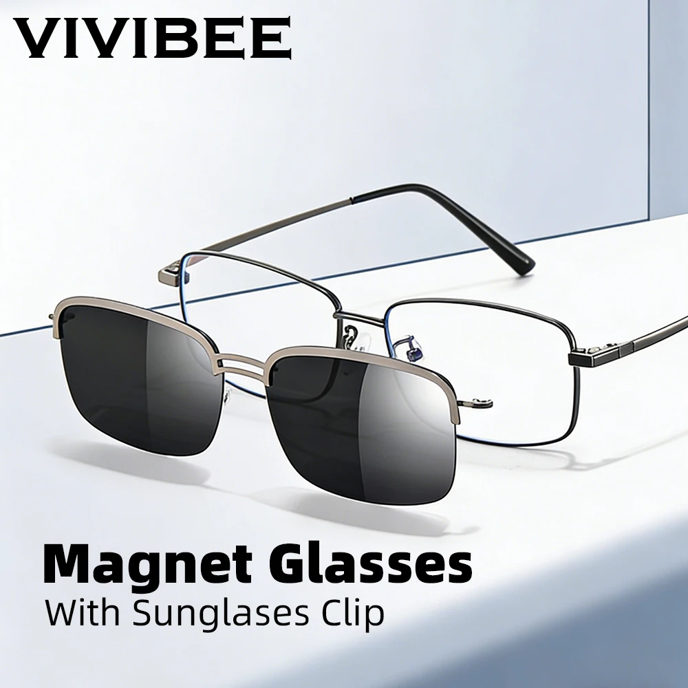VIVIBEE Rectangle Magnetic Polarized Clip On Sunglasses Men Metal Eyeglasses Business Frame UV400 Driving Sun Glasses