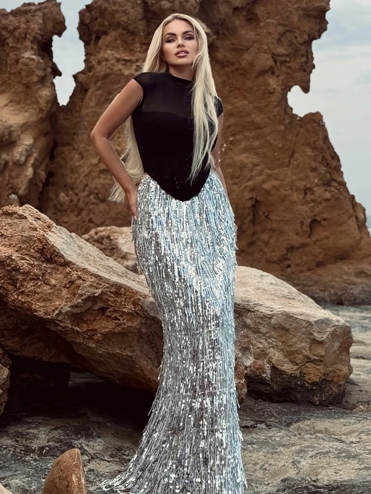 

Women Luxury Two Pieces Set Glamorous Black Mesh Top and Silver Sequin Fringe Long Skirt Set Patchwork Slimming Party Outsuit