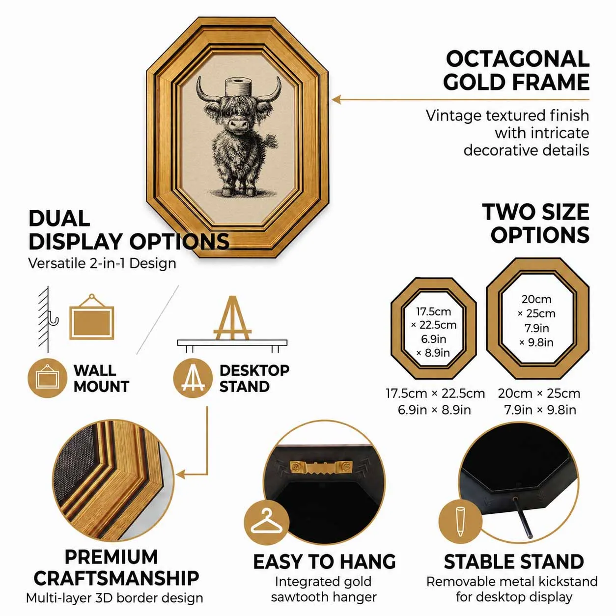 Vintage Octagon Gold Frame Funny Highland Cow Bathroom Art, Dual Use Tabletop Hanging Farm Animal Toilet Wall Decor