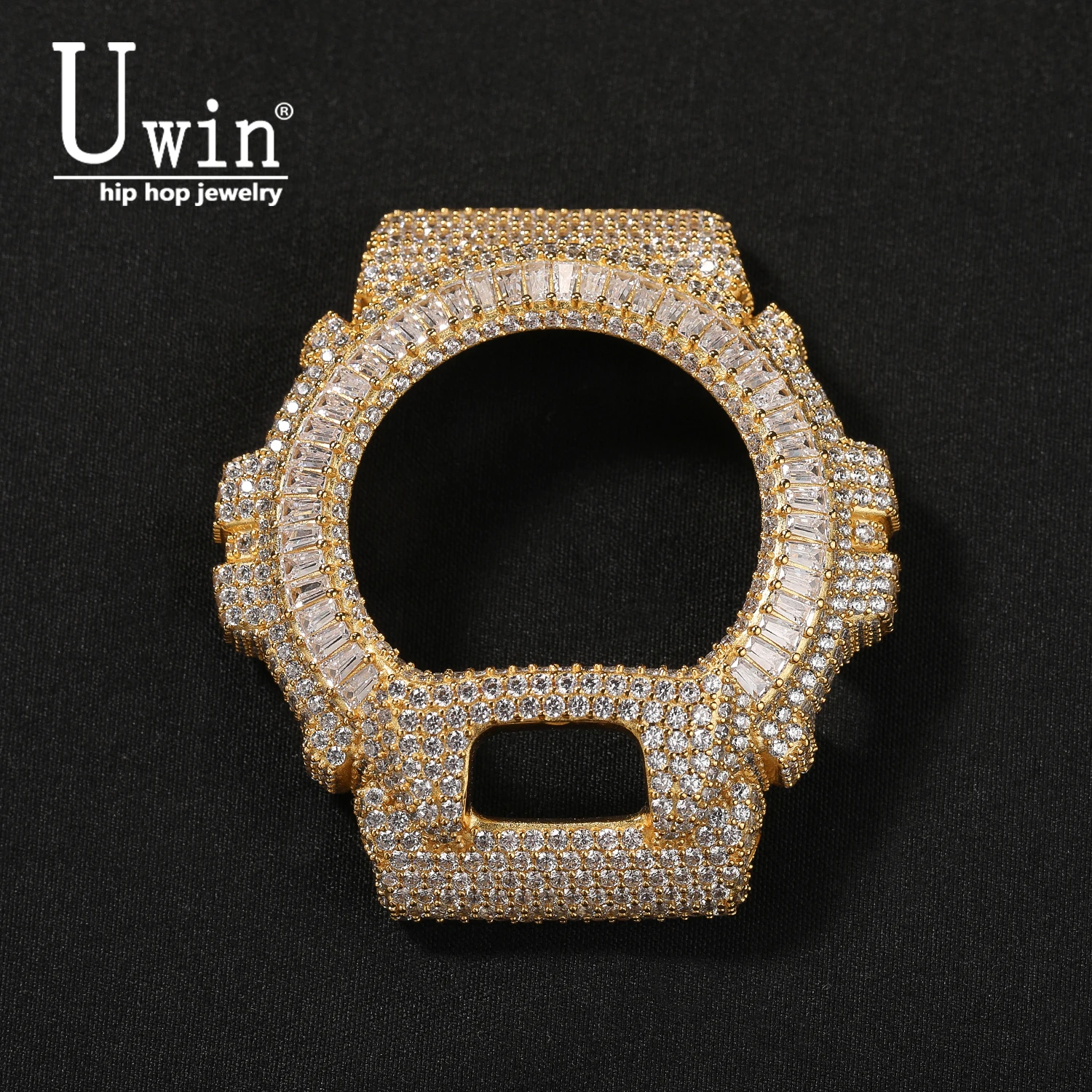 Uwin Moissanite Iced Out Baguettecz Round Mixed Cut Watch Bezel For DW6900 Watch Case Full Paved Two Tone Replacement Cover