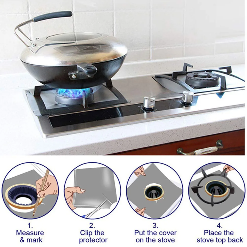 

4 pcs 0.12Mm Stove Burner Covers Silver Gas Range Protector Reusable Non-Stick Heat Resistant Hob Liners Dishwasher Safe Ptfe