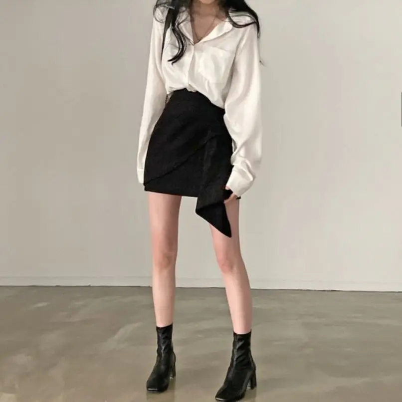 Women Sets Long Sleeve Solid Shirts Irregular Mini Skirts Females Two Piece  OL Slim Sexy Korean Style Chic Stylish Slender