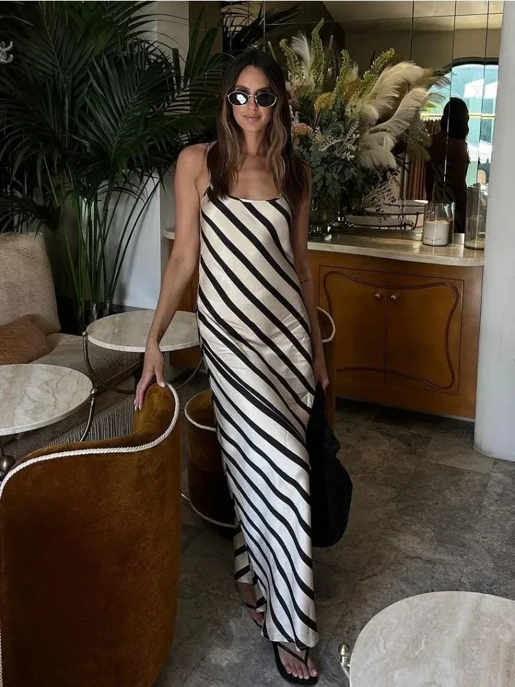 2024 Zebra Printed Elegant Halter Dresses Female Sleeveless Slim Loose Printed Striped Long Dress Women\'s Backless Maxi Dress