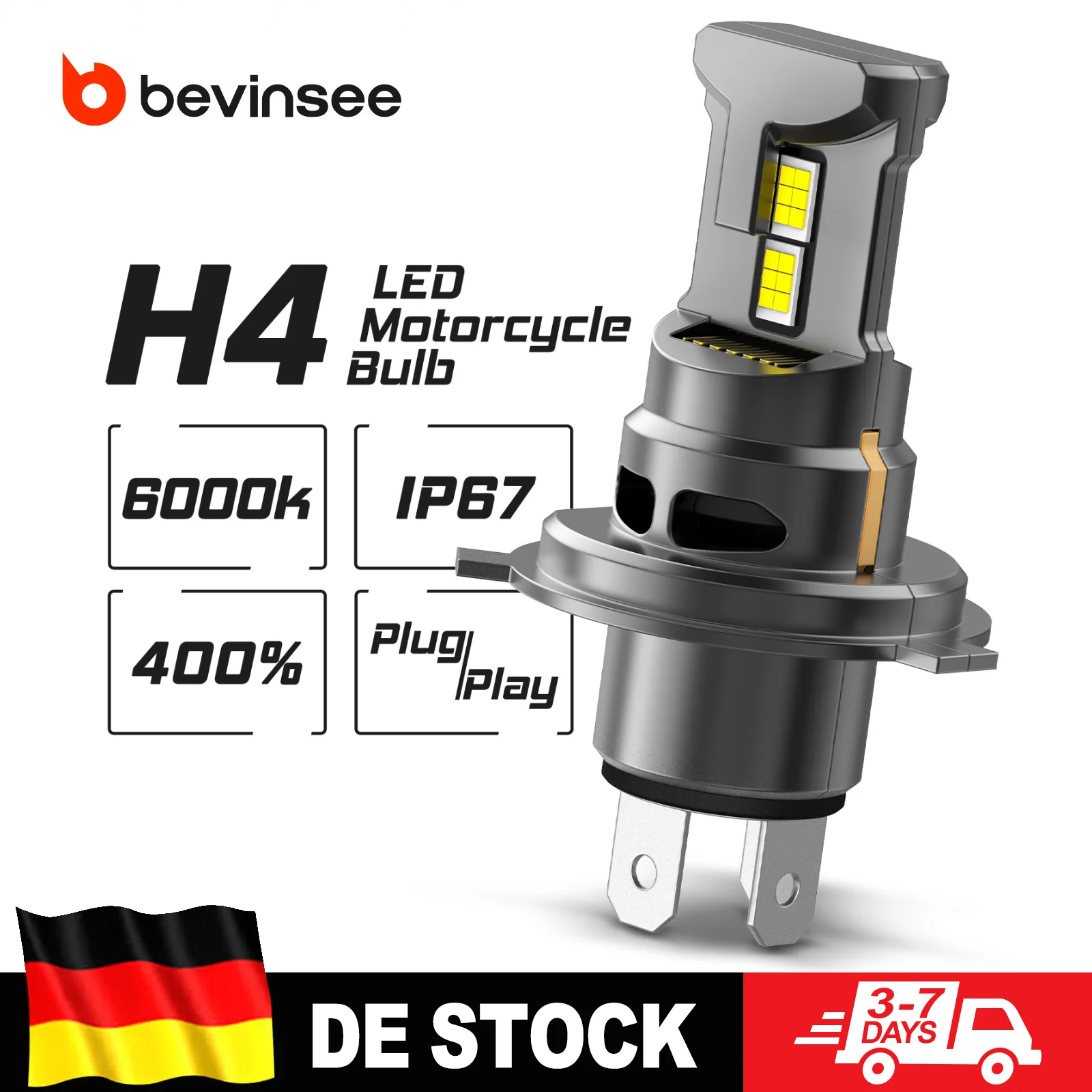 BEVINSEE H4 LED Motorrad-Scheinwerferbirne CANBUS Fehlerfrei 35W 6000LM Fern-/Abblendlicht Turbofan 6000K 12V 1:1 Halogen-Größe Superhell