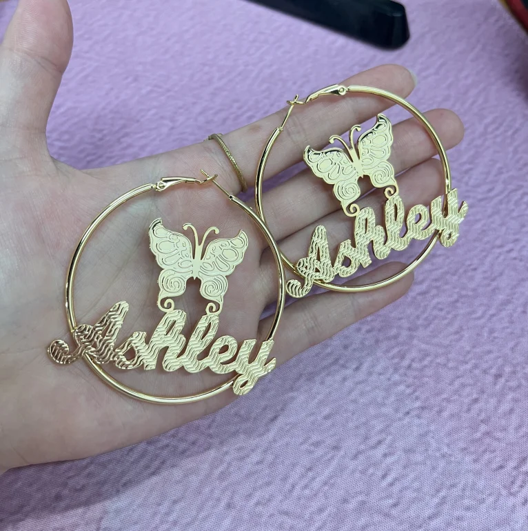 Customized Butterfly Name Hoop Earrings Personalized Textured Name Earrings Unique Fashion Jewelry Daily Women's Accessories