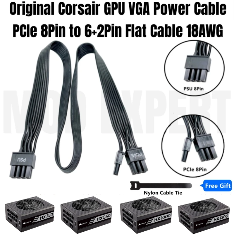 

Original CORSAIR PSU 8Pin to PCIe 8Pin 6+2Pin VGA GPU Power Cable 650mm 18AWG for HX1200 HX1000 HX850 HX750 PLATINUM Modular PSU