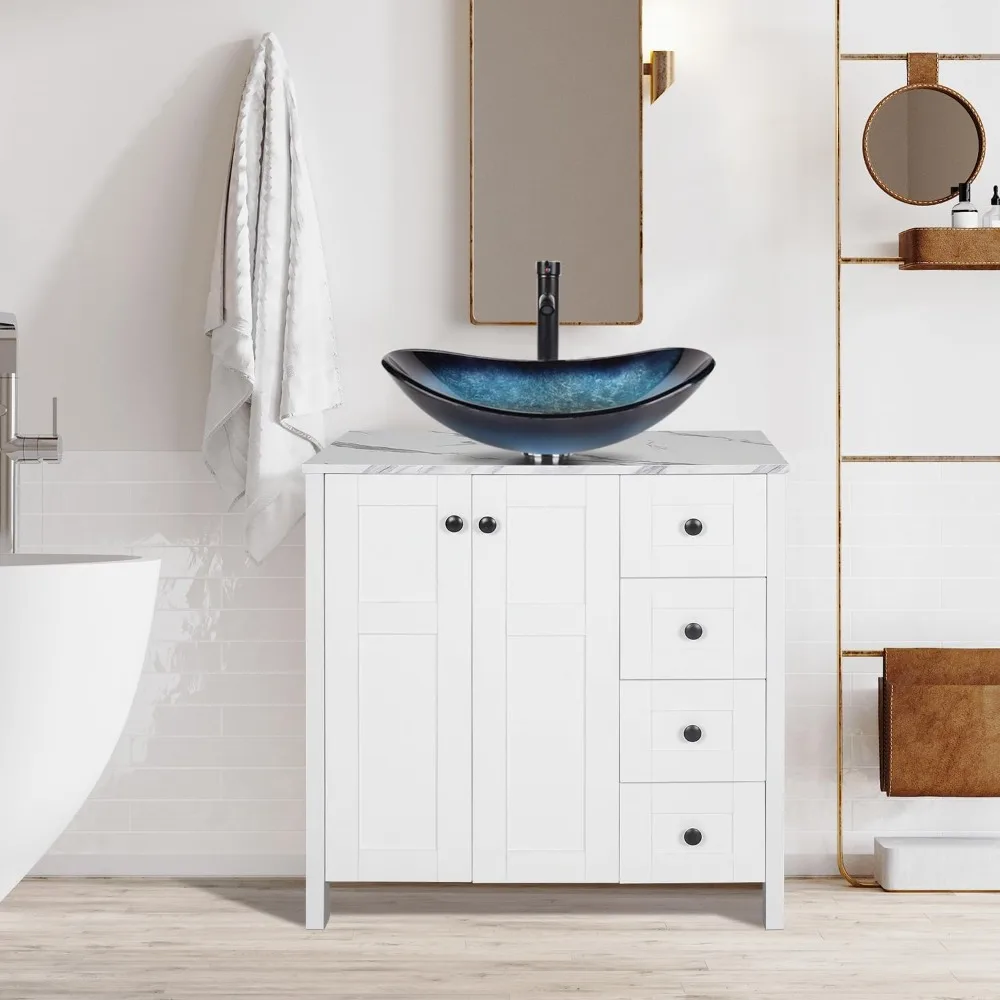 Traditional Bathroom Vanity Set in White Finish,32 Inch with Marble Texture Top and 4 Drawers,Blue Boat Sink with 1 Faucet Hole