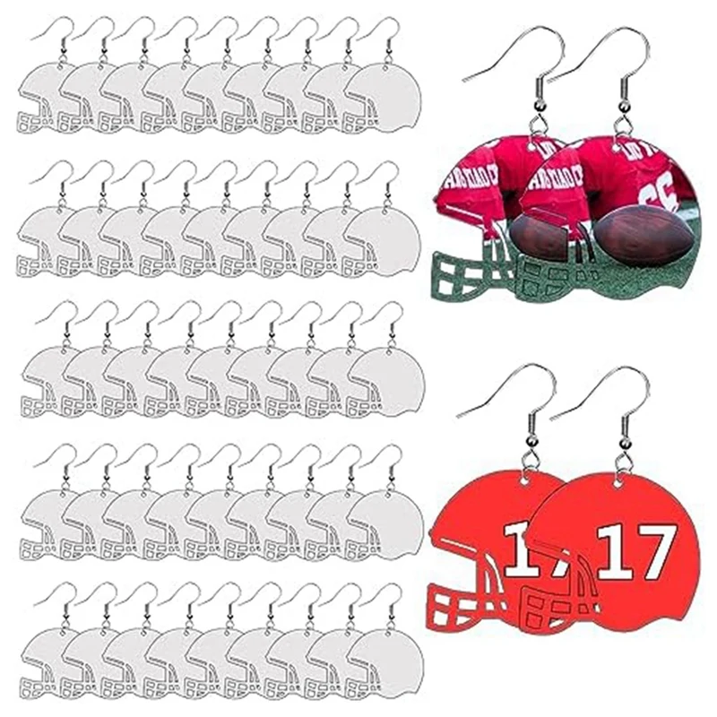 48 PCS Sublimation Earring Blanks Bulk MDF For Sublimation Football Earrings Double-Sided With Earring Hooks (Helmet)