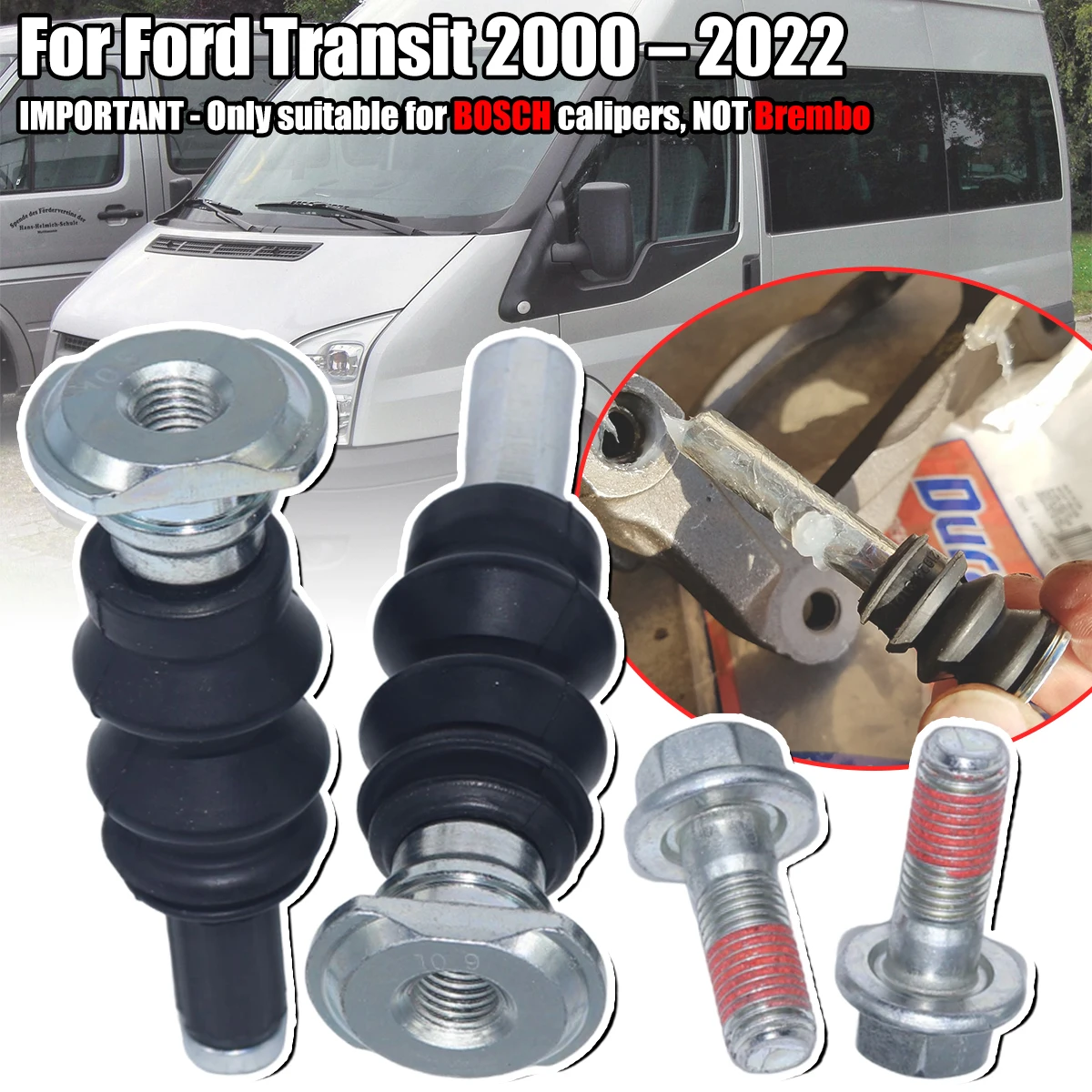 

For Ford Transit 2000 – 2022 Rear Brake Caliper Slider Guide Pins Bolt Kit Left Right Disc Housing Bellows Sleeve Bushing Seal