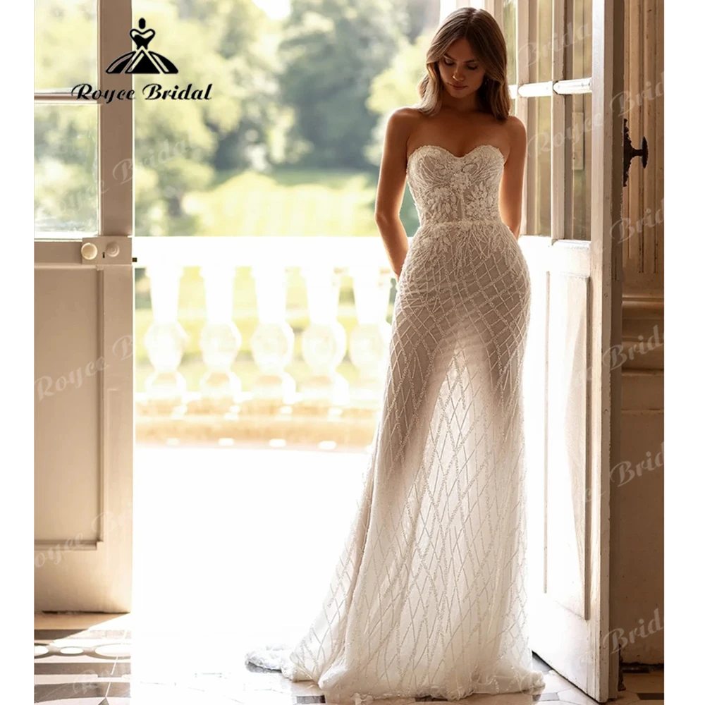 Strapless Sweetheart 3D Floral Lace Beaded Diamond Grid Mermaid Wedding Dress Sheer Mesh Fitted Bridal Gown Customized