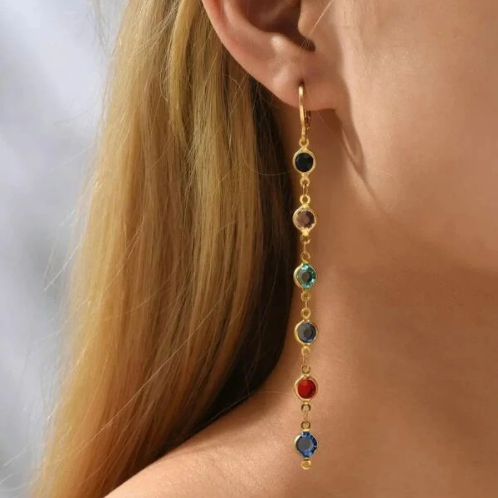 Vintage Gold Plated Colored Crystal Chain Tassel Pendant Earrings For Women Fashion Boho Female Versatile Festivals Jewelry Gift