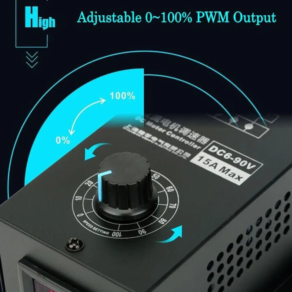 DC Escova Motor Speed Controller, Stepless Regulador de Velocidade, Display Digital, Suporta Controle PLC, 6V-90V, 15A, 0-100% PWM