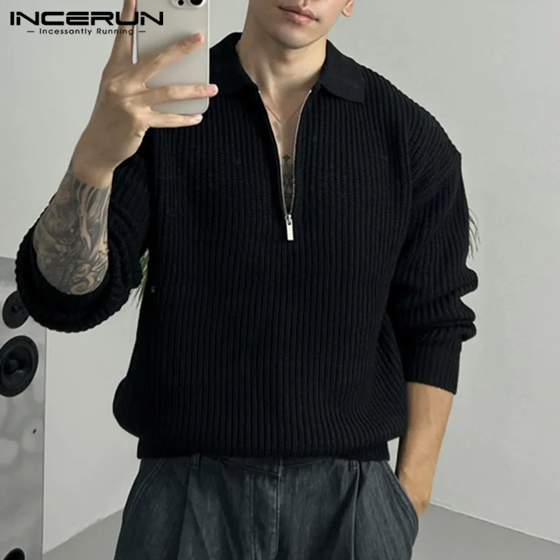 INCERUN Men Shirt Solid Color Lapel Long Sleeve Zipper Streetwear 2024 Casual Men Clothing Knitted Leisure Sweaters Tops S-5XL