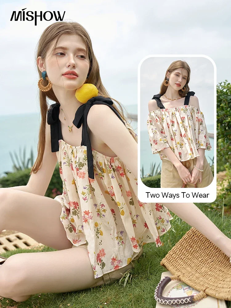 

MISHOW Lace Up Camisole Blouse Cool Feeling 100% Cotton Floral Top Women Summer 2024 Two Ways To Wear Suspender Tops MXD28X1591