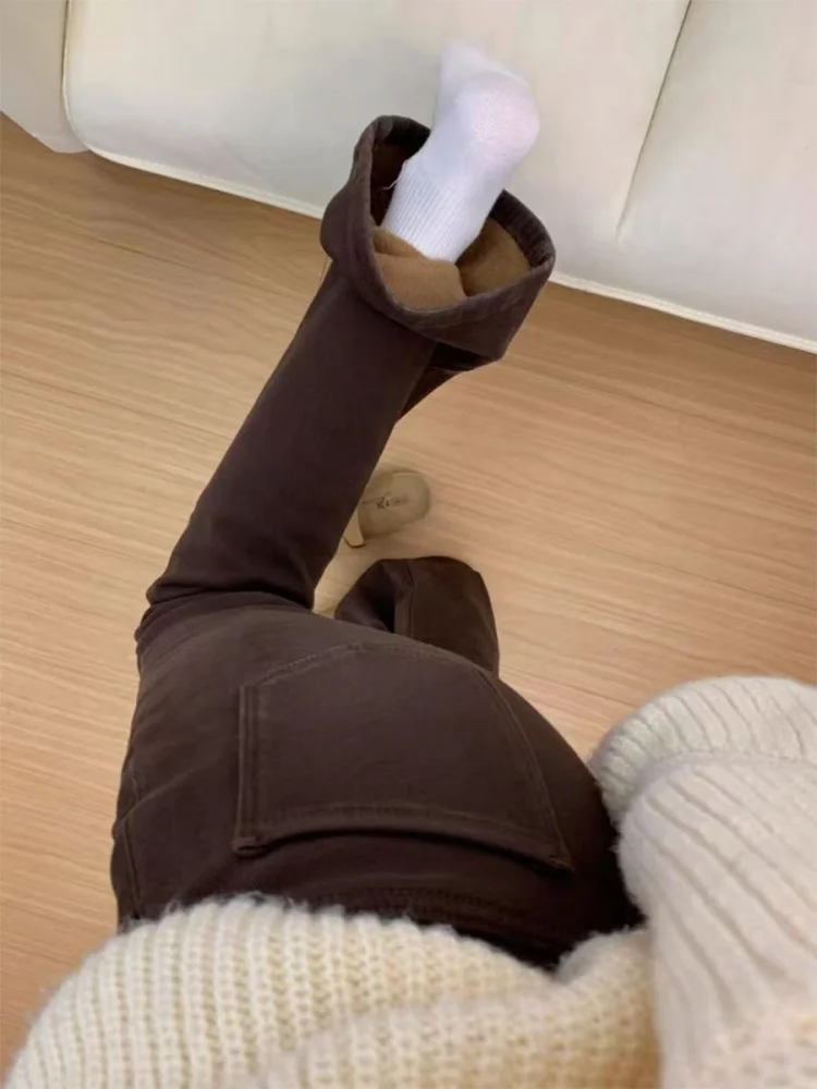 

Джинсы женские больших размеров с флисовой подкладкой, утепленные, микро-клеш, осенне-зимние, с высокой талией, утягивающие, эластичные, прямые, широкие штанины