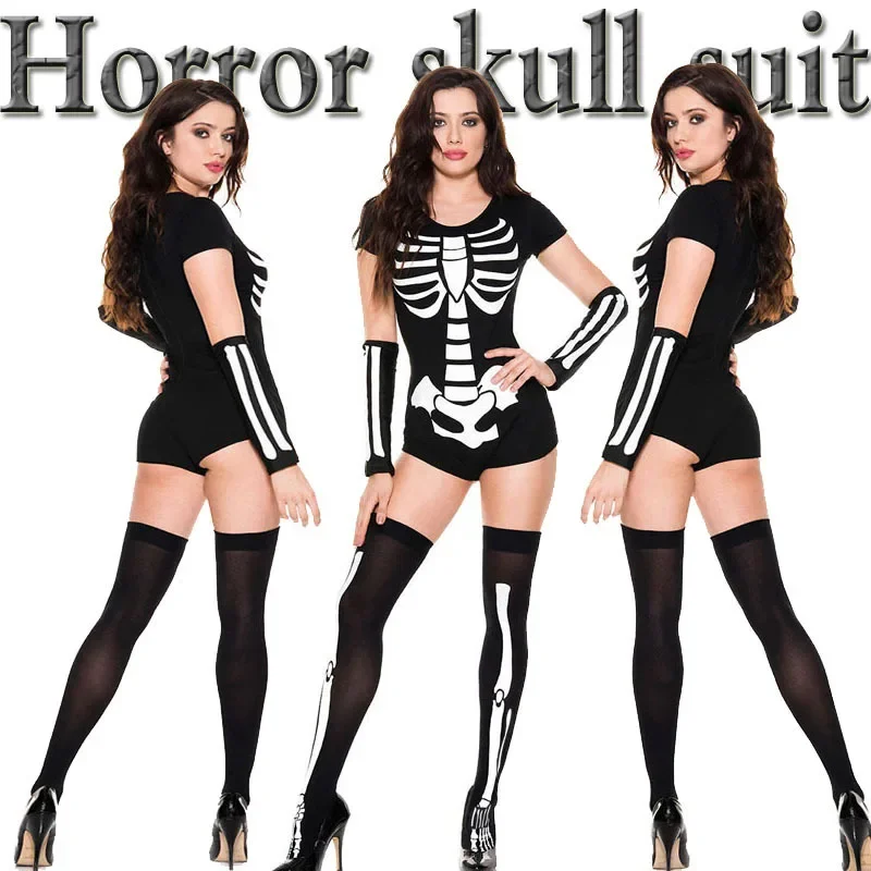 

Halloween Horror Skeleton Clothes Suits Game Uniform Women Bones Skull Costume for Carnival Christmas Festival Party 3 Pieces