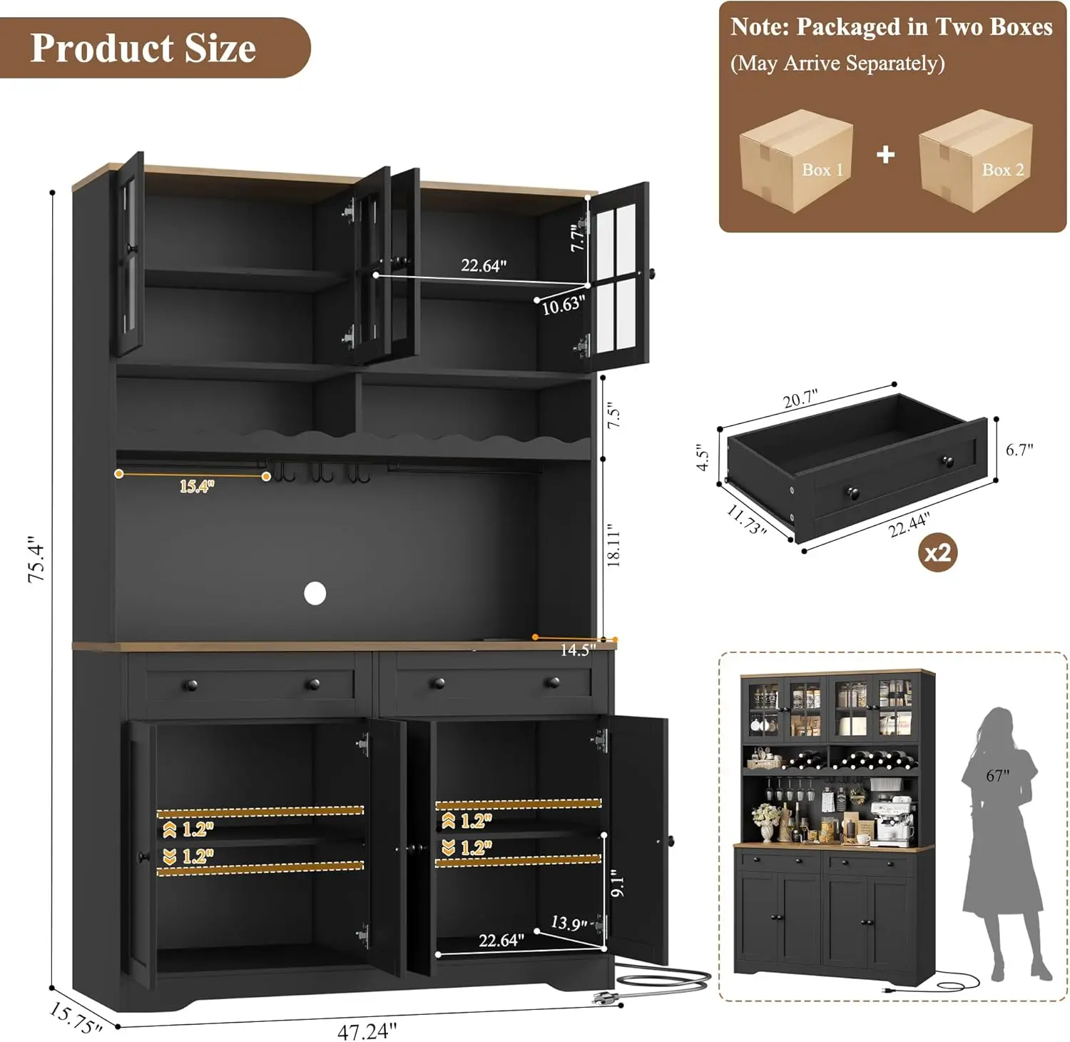 高さ75.4フィートのキッチンパントリーキャビネット、充電ステーション付き、ホワイトハッチ、電子レンジスタンドとワインラック付き