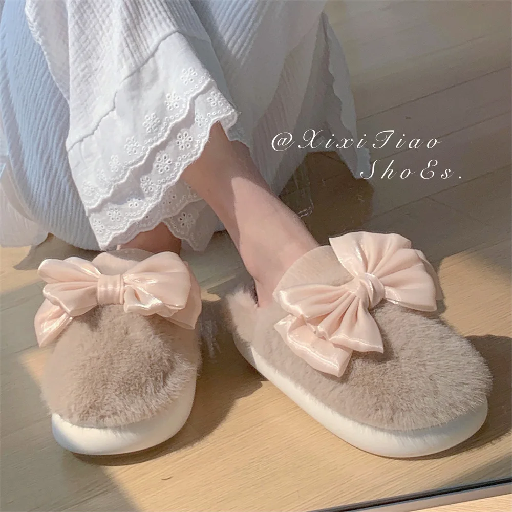 Cute bow plush warm cotton shoes indoor home leisure comfortable winter cotton slippers women