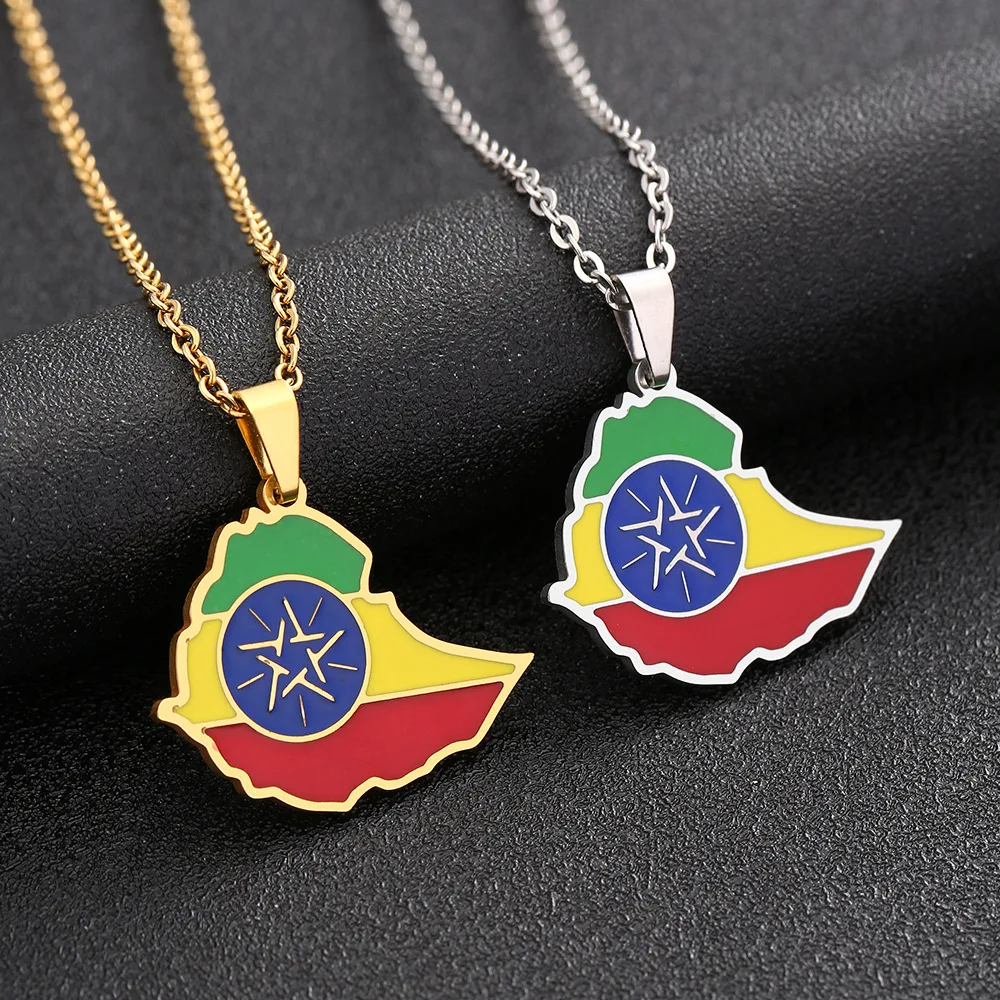 Trendy jewelry design sense stainless steel Ethiopia map necklace men and women couple sweater chain cross-border accessories