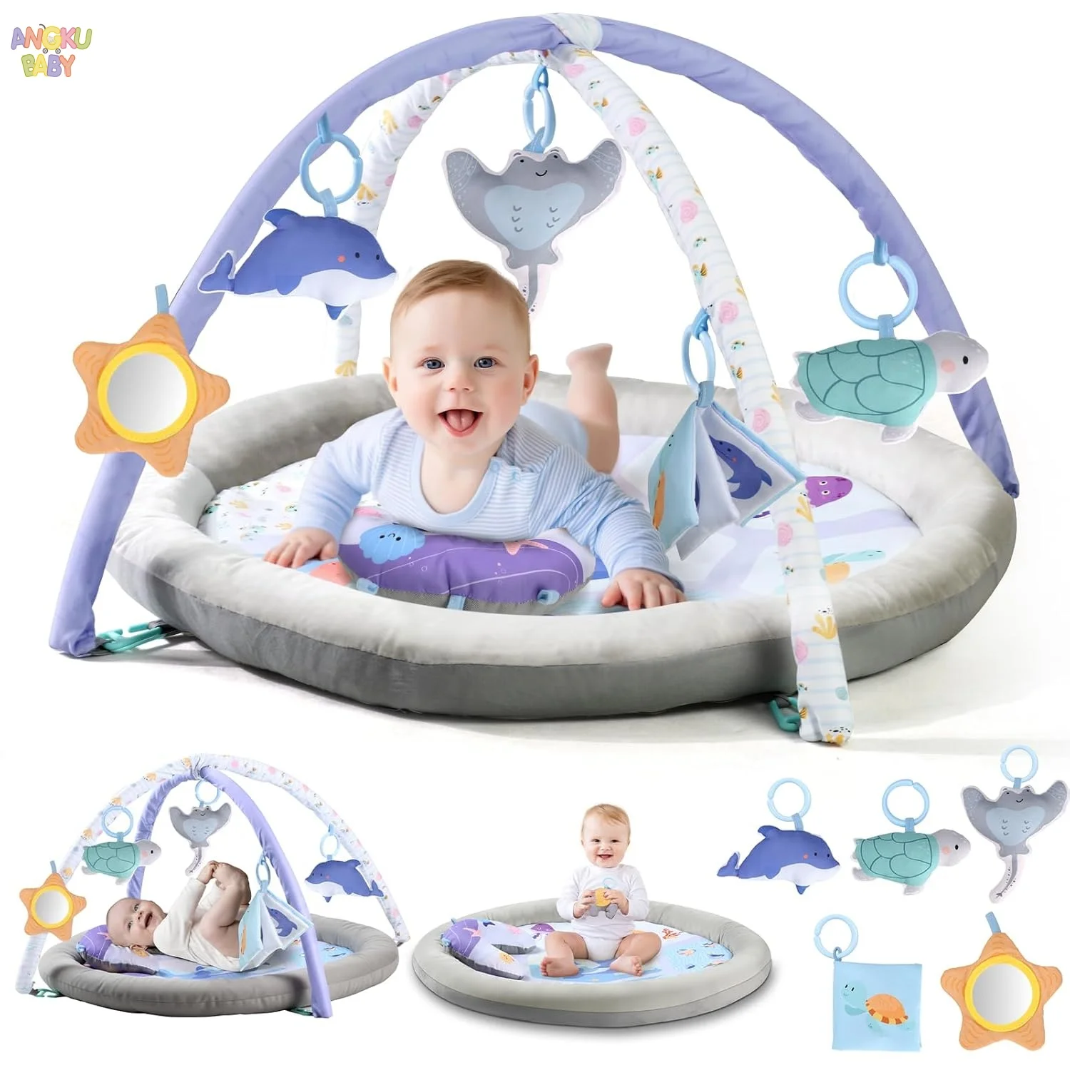 Tapis de jeu et aires de jeux pliables pour bébés – Aire de jeux sécurisée de type parc pour bébé avec coussin et jouets, rembourrage amovible, tapis de jeu épais et respirant pour bébé, tapis de sol d'éveil pour bébé
