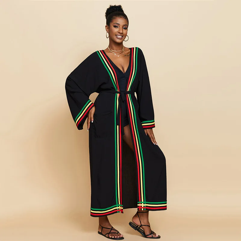 طويل قفطان عادية الأسود بيكيني التستر الخامس الرقبة الجانب سبليت شاطئ فستان صيفي ملابس النساء ملابس الشاطئ بدلة السباحة التستر