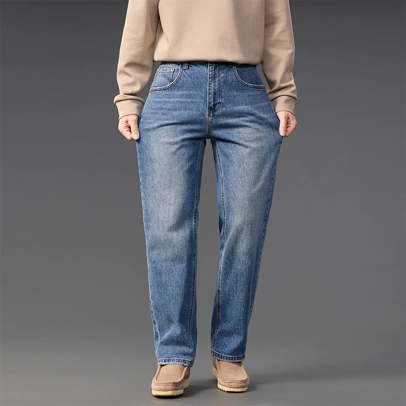 Elastic Denim Jeans Men Basic Style Business Casual Loose Vintage Fashion Cleanfit Straight Baggy Pants Jeans Man Trousers