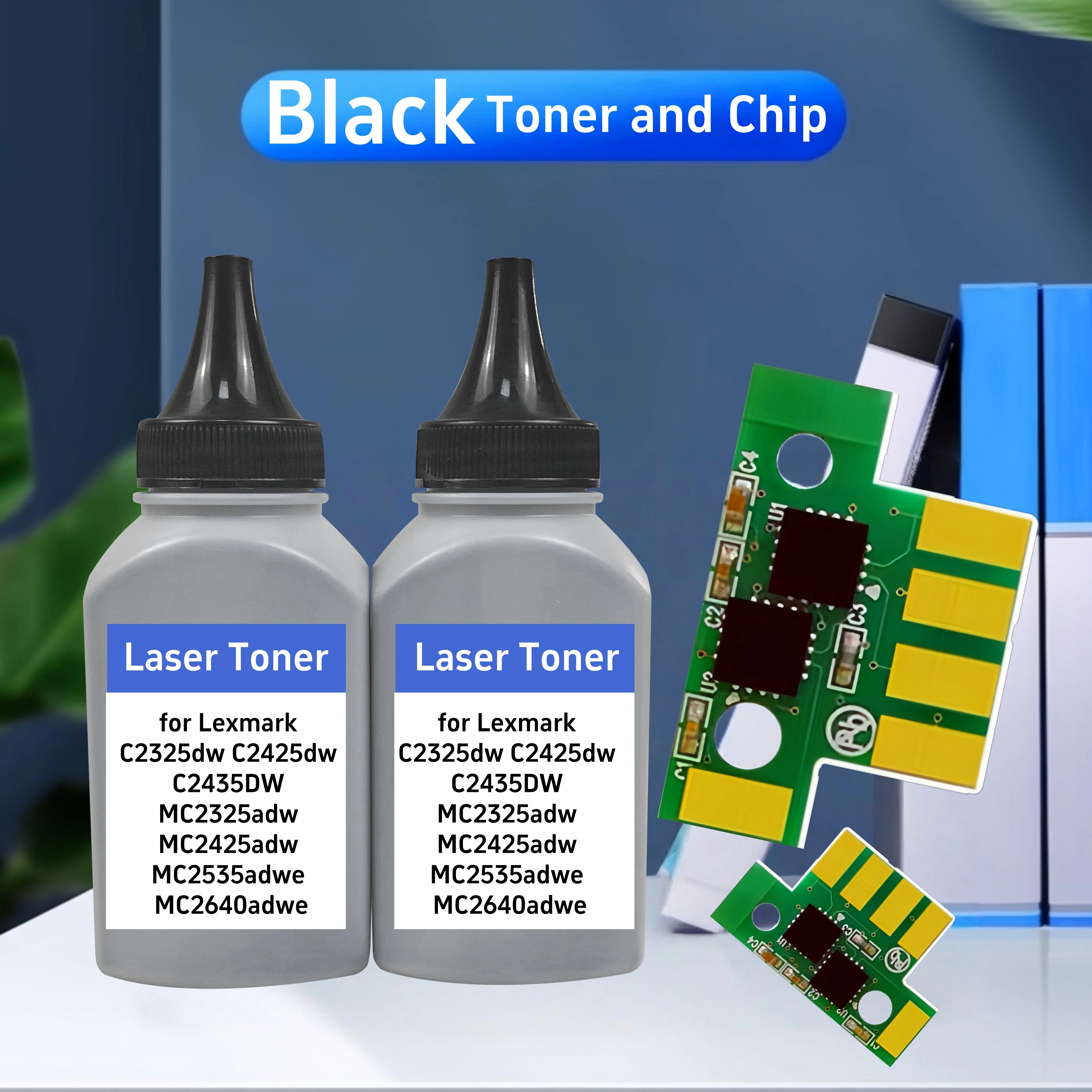 Black Toner Chip with Toner for Lexmark C2325dw C2425dw C2435DW MC2325adw MC2425adw MC2535adwe MC2640adwe