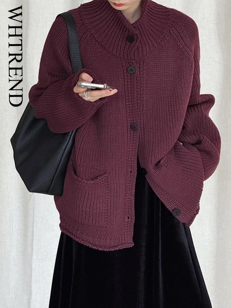 

WHTREND Early Autumn New Style Knitted Cardigan Casual Sweater Long Sleeves Loose Sweater Coat WH1399