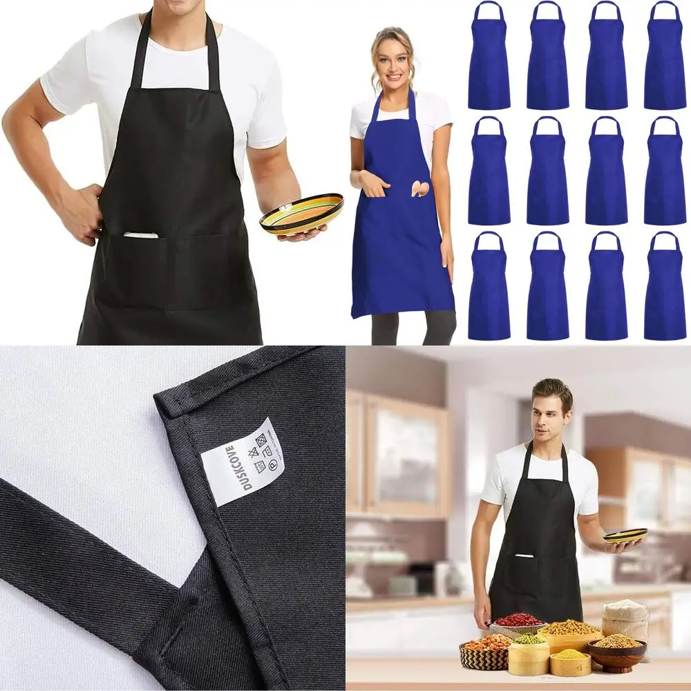 

12-Pack Blue Unisex Bib Aprons with Pockets for Kitchen, Cooking, Restaurant, BBQ, and Crafting