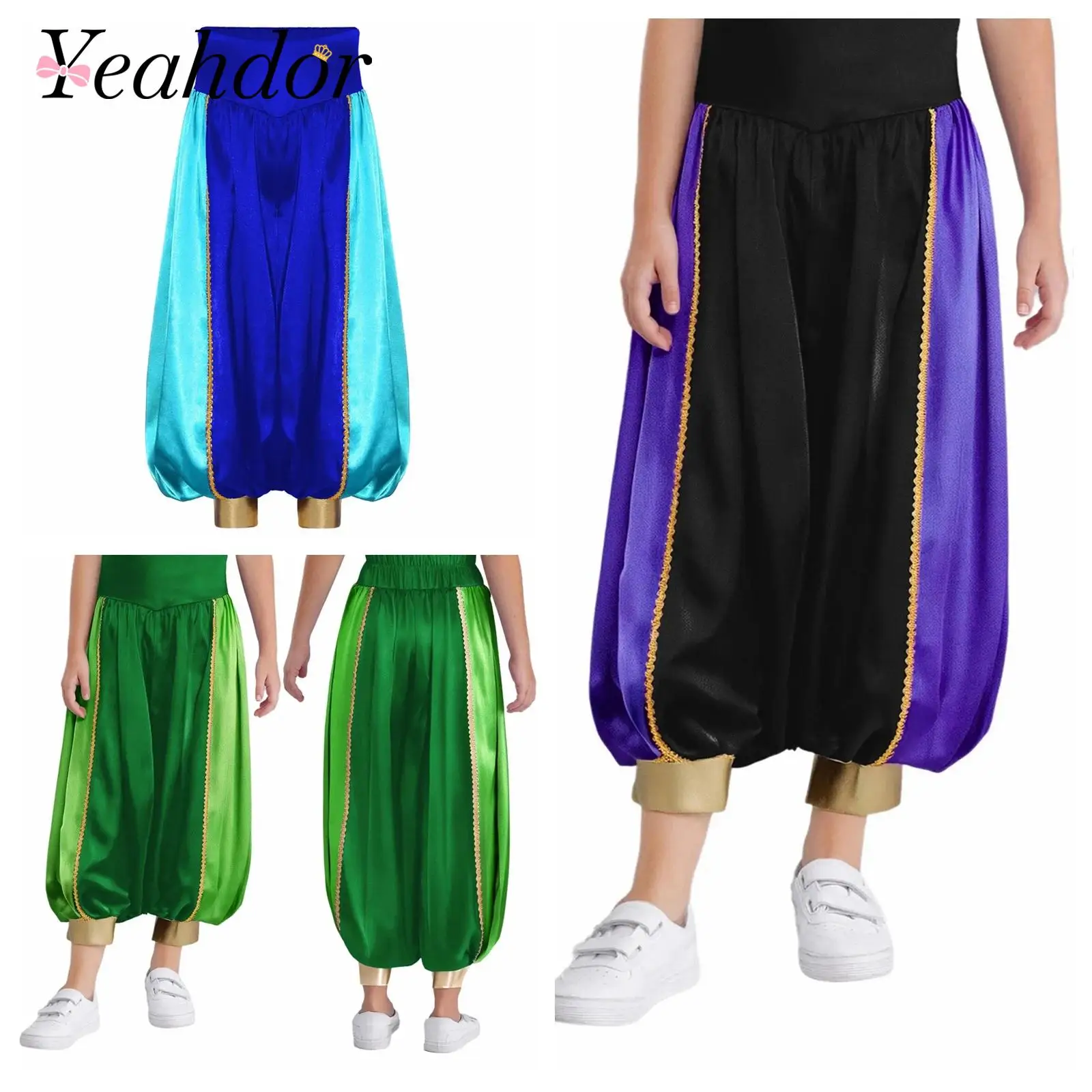 

Children Arab Ropleplay Trouser Kids Satin Loose Belly Dance Harem Pants High Waist for Halloween Party Arabian Pants Costume