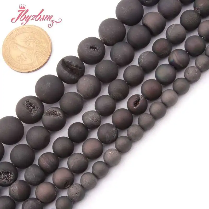 Natural Metallic Coated Druzy Black Agate Round Stone Beads For Necklace Jewelry Making 15