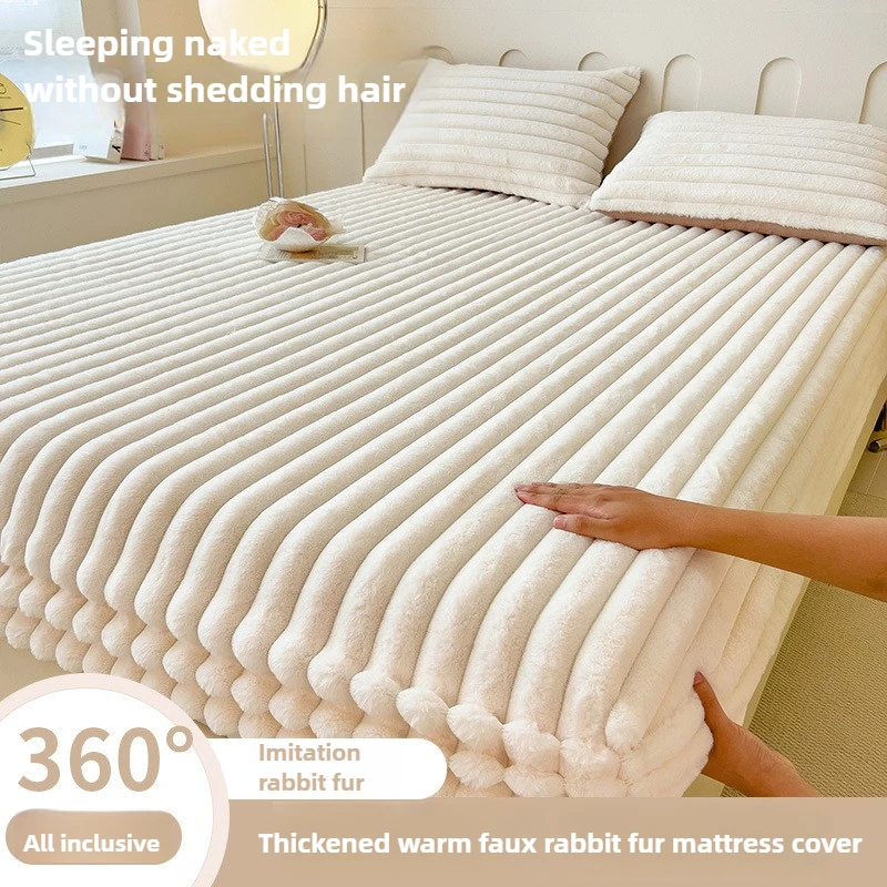 Einfarbiger, dicker Matratzenbezug aus Kunstkaninchenfell, Herbst und Winter, warmer Samt-Matratzenschoner, flauschiges, weiches Plüsch-Spannbettlaken