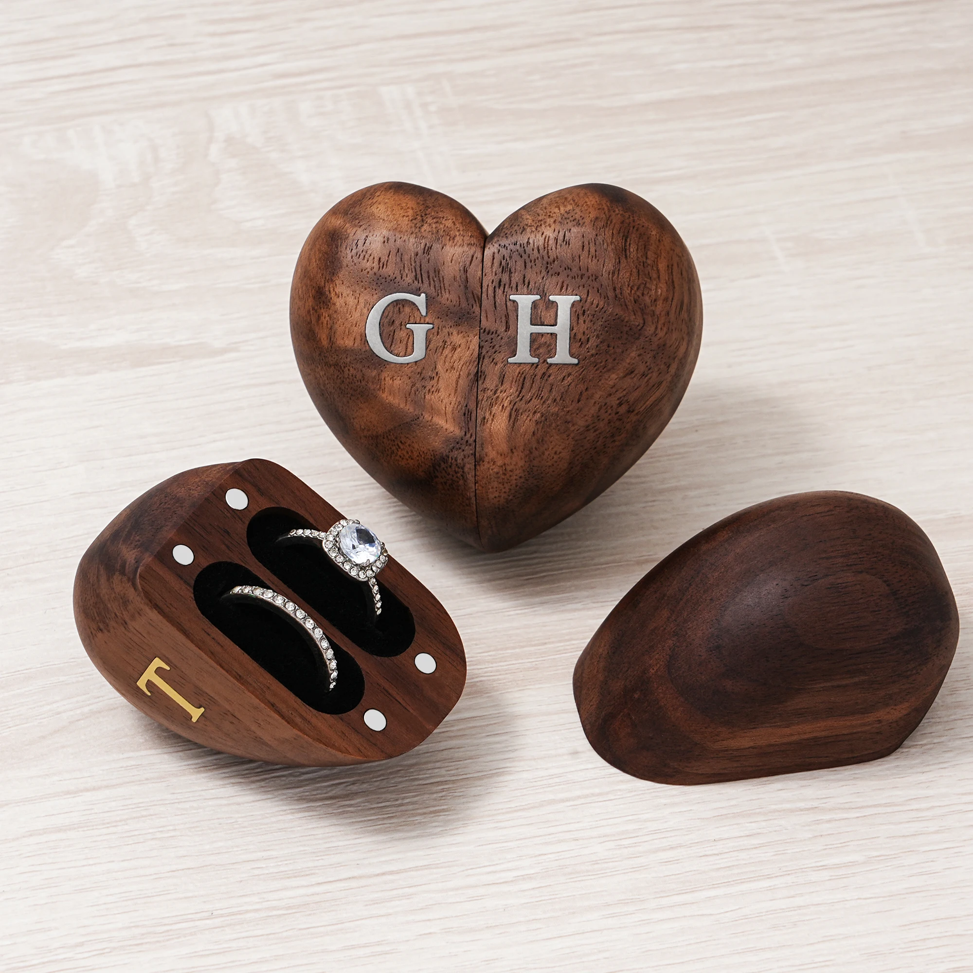 Heart Shaped Wooden Ring Box with Brass Inlay, Metal Inlaied Walnut Double Ring Box, Engagement Proposal Holder, Handmade Annive