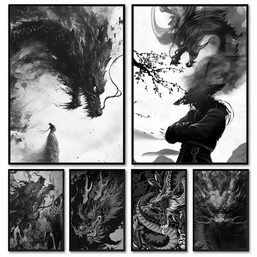 Asian Ink Style D-dragon Shadow Waves Art Poster Room Decor Home Wall Art Printing Waterproof Garage BedRoom Posters Gift