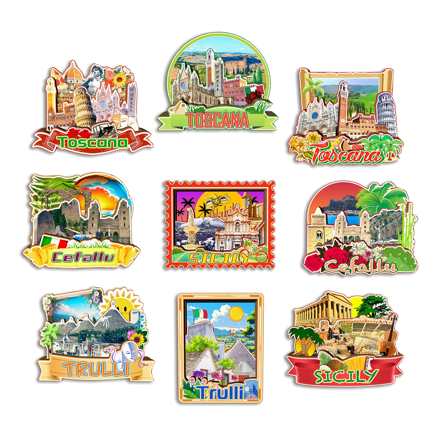 صقلية Trulli Cefallu Toscana إيطاليا مغناطيس الثلاجة هدية تذكارية للسفر اليدوية ديكور الثلاجة ملصق ديكور المنزل