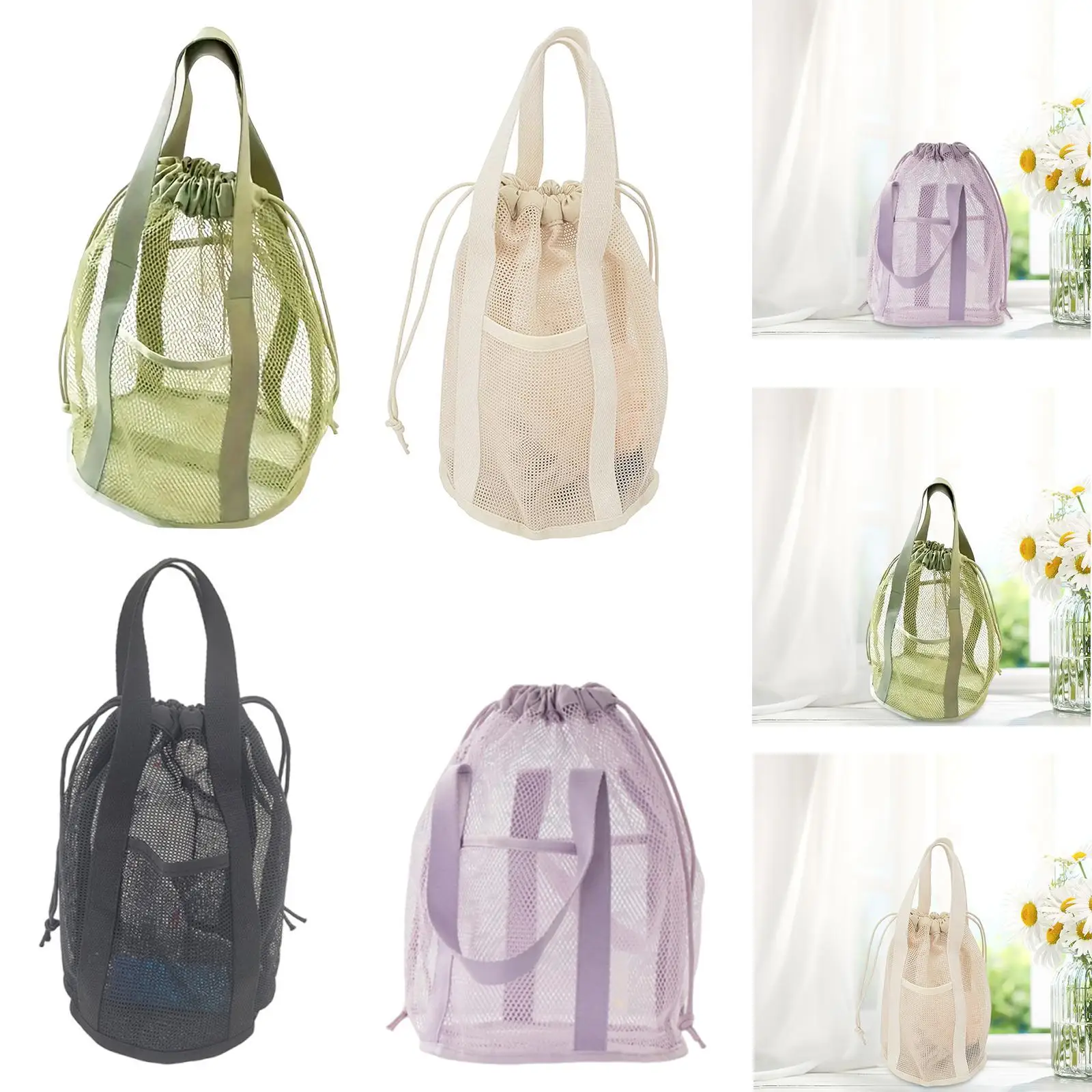 Mesh Shower Tote Bag Large Capacity Quick Dry Toiletry Organizer with Drawstring Side Pockets for Women Travel Gym Beach