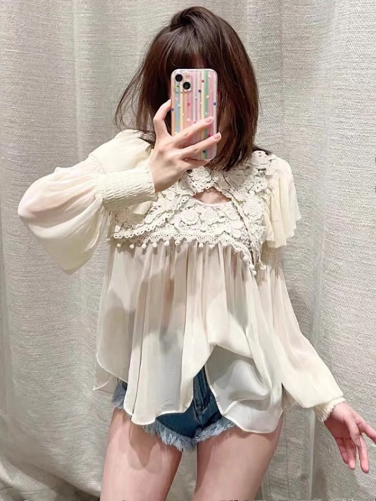 

Fashionable Heavy Embroidery Lace Shirt French Style Loose Fit Polyester Short Sleeve round Neck Plant Floral Patterned Splicing