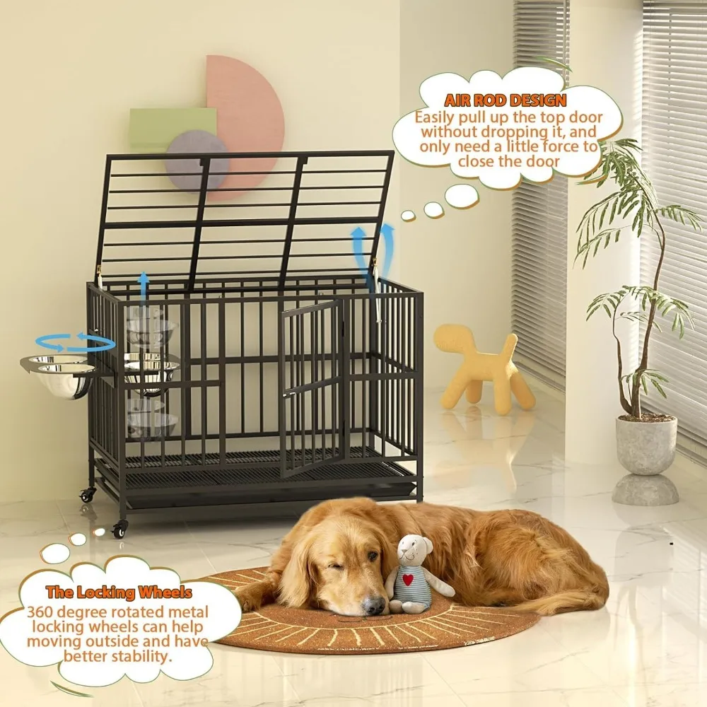 Heavy Duty Dog Crate with Unique Air Lift Rod Wheels 360° Adjustable 2 Bowls Pet Supplies Indoor Dog Fence Puppy House Products