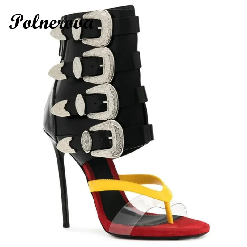 Sexy Flip Toe Metal Buckle Sandals Mid Calf Sandal Boots Stiletto Heels Zipper Women Shoe Summer Sandalias De Mujer Verano