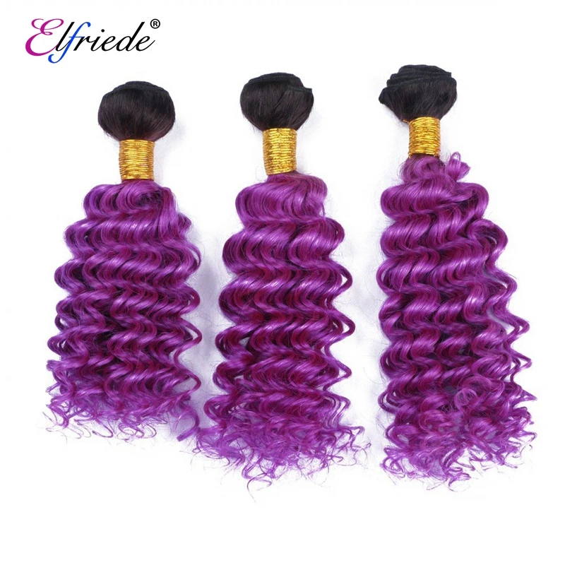 Elfriede #T1B/Purple Deep Wave Ombre Colored Hair Bundles with Frontal 100% Human Hair Weaves 3 Bundles with Lace Frontal 13x4