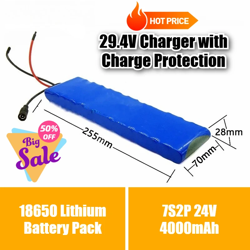 

7S2P 24V 4000mAh 18650 Lithium Battery Pack,29.4V Charger with Charge Protection