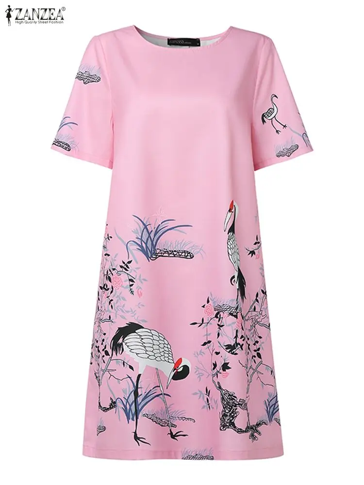 ZANZEA Elegante Mini Abito Stampato Floreale 2025 Manica Corta Vintage Ufficio Lavoro Vestito Estivo Moda Abito Allentato Femme Abiti