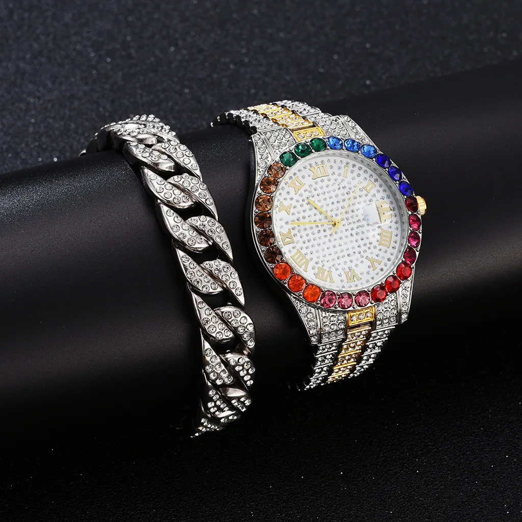 2pcs/set Watch Bracelet for Women Cuban Chain Bracelet Iced Out Watch for Women Luxury Colourful Jewelry Set Relojes Para Mujer