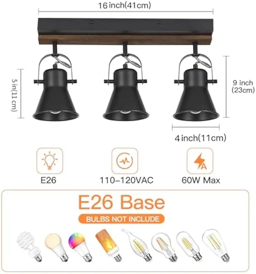 Kit de iluminación de pista de 3 luces, luz de techo de montaje semiempotrado negro con 3 cabezales de luz giratorios, iluminación moderna de granja