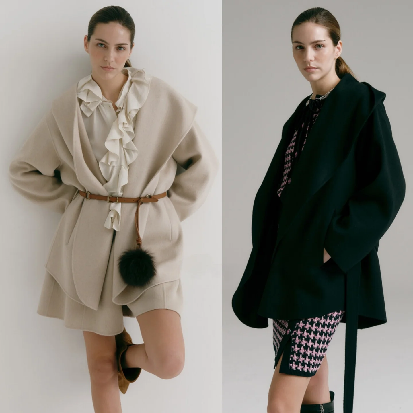 

Двустороннее пальто с капюшоном, двойным поясом и меховыми помпонами, ручной пошив, премиум-качество