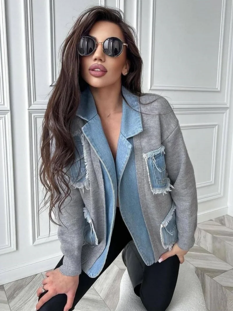Street Denim Splicing Sweater Jacket Coat Autumn Clothes Women Long Sleeve Jean Jackets Top Female Casual Loose Sweater Cardigan